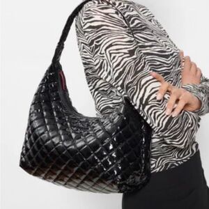 MZ Wallace Black Lacquer Quilted Patent Medium Metro Hobo Shoulder Bag